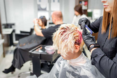 The professional hairdresser uses a brush to apply the pink dye to the hair. Hair coloring conceptの写真素材