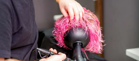 Hair Stylist making hairstyle using hair dryer blowing on wet custom pink hair at a beauty salonの写真素材