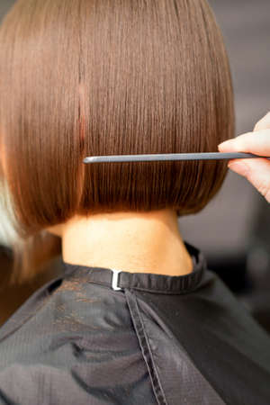 A hairdresser is combing the short hair of the brunette female client in the hairdresser salon, back viewの写真素材