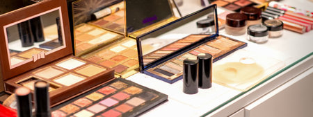 Set of decorative cosmetics on the table in a beauty salonの写真素材