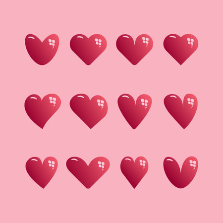 Cute red doodle hearts for Valentines day. Romantic red hearts of different shapes isolated on pink