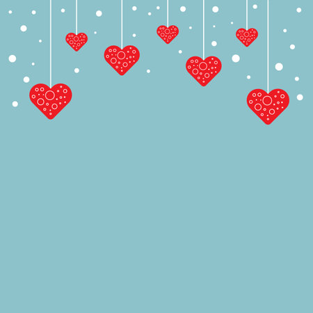 Red decorative hanging hearts on blue background with copy space. Happy Valentines Day celebrationのイラスト素材