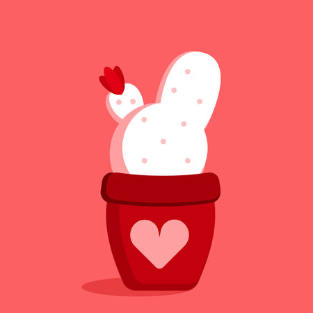 Doodle white cactus in the flower pot with a heart ornament. Valentine, wedding, love cards, print for decorating clothingのイラスト素材