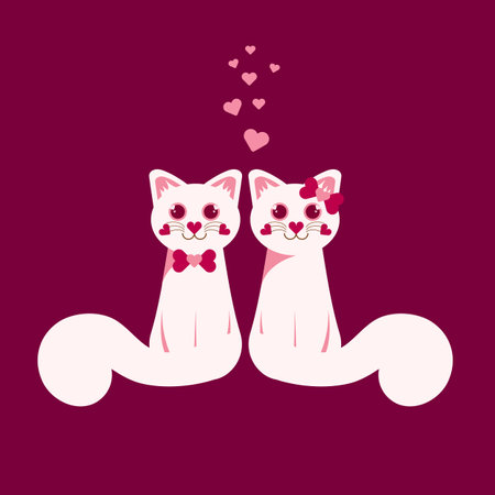 A couple of two white cats in love on maroon background for valentine day, cute cartoon character, vector illustrations in flat styleのイラスト素材