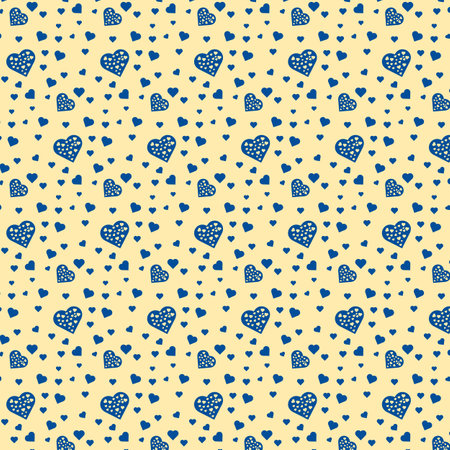 Blue hearts seamless pattern isolated on yellow background. Love concept. Vector Illustration