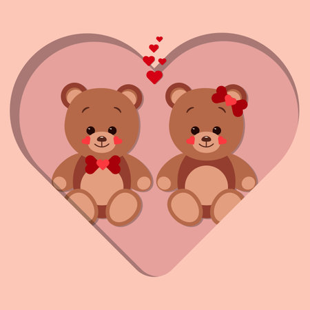 A postcard of two teddy bears in love sits on a paper cut big heart. The concept of Valentine Day. Flat vector illustration isolated on a red backgroundのイラスト素材