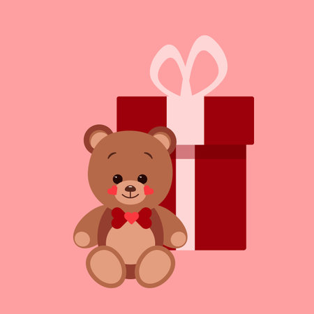 Cute teddy bear with gift box, greeting card, vector illustrationのイラスト素材