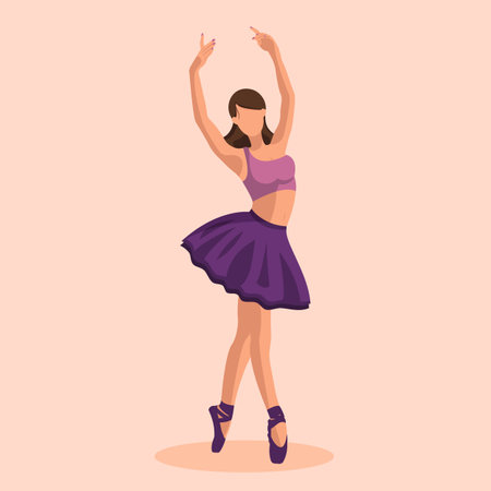 Vector illustration classical ballet. Caucasian white woman ballet dancer in tutu and pointe shoes dancing on beige background. Beautiful young faceless ballerina in a flat styleのイラスト素材