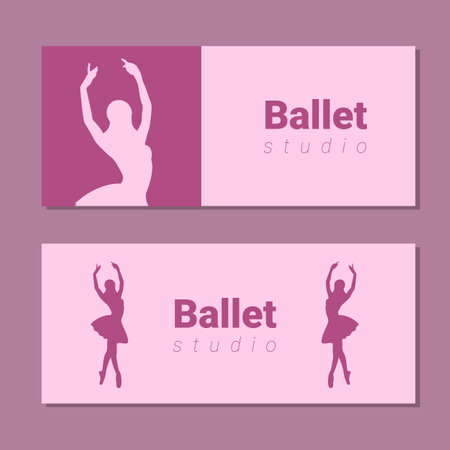 Theatre ticket design. Ballet school flyer template. Ballerina silhouette in the tutu and pointe shoe. Pink and purple card design. Vector illustrationのイラスト素材