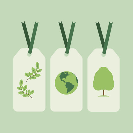 Three white eco tags with green branch, globe earth, and tree. Vector illustrationのイラスト素材