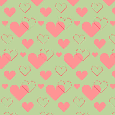 Seamless pattern of pink hearts in different sizes on a green background. Vector illustrationのイラスト素材