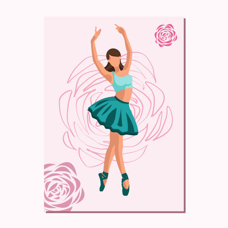 Caucasian white faceless ballet dancer in a green tutu and pointe shoes dancing on a pink poster with flowers. Vector illustration in flat styleのイラスト素材