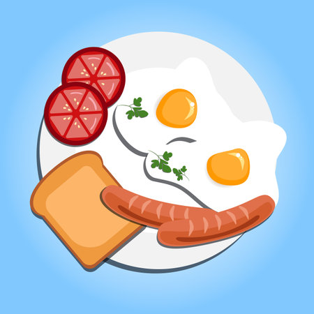 Fried egg with red tomato, toast, sausage, and green parsley on the white plate. Healthy food is isolated on blue background. Paper cut out vector illustrationのイラスト素材