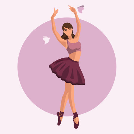 Vector illustration classical ballet. Caucasian white woman ballet dancer in a tutu and pointe shoes dancing with butterflies on purple circle background in a flat styleのイラスト素材