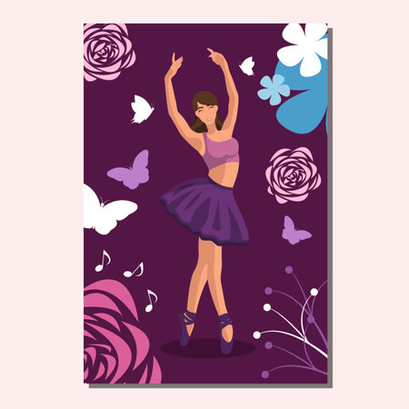Caucasian white faceless ballerina in a purple tutu and pointe shoes dancing on a purple poster with flowers and butterflies. Vector illustration in flat styleのイラスト素材