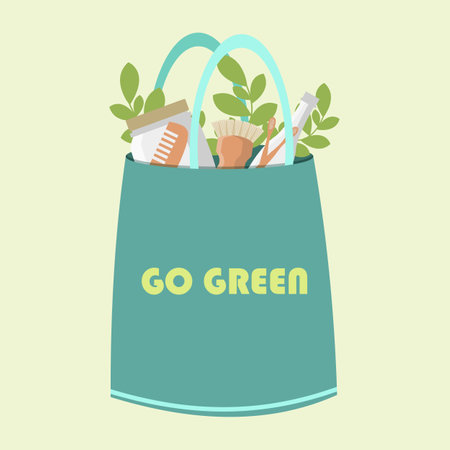 Eco green bag with text vector Illustration. Reusable shopping bag with lettering Go Green. Ecology shopping. Handbag with typographyのイラスト素材