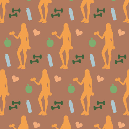 Seamless pattern with icons of fitness women, gym dumbbells, bottles of water, hearts, and apples. Vector illustrationのイラスト素材