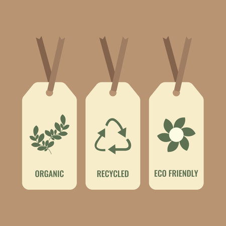Three white eco tags with green branch, recycle icon, and flower. Vector illustrationのイラスト素材