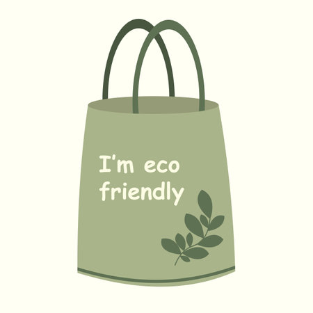 Eco bag with text vector Illustration. Reusable shopping bag with lettering I am Eco Friendly. Ecology shopping. Handbag with typographyのイラスト素材