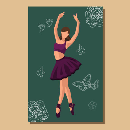 Caucasian white faceless ballet dancer in a purple tutu and pointe shoes dancing on a green poster with flowers and butterflies. Vector illustration in flat styleのイラスト素材