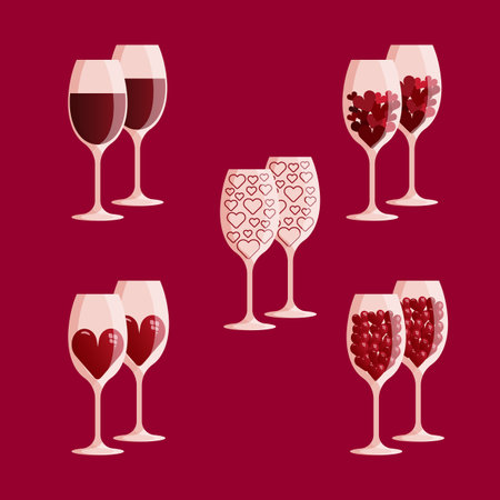 Set of wine glasses with red hearts inside, vector illustration, love conceptのイラスト素材