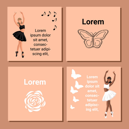 Set of theatre ticket design. Ballet flyer template. Ballerina silhouette in the tutu and pointe shoe with butterfly and flower. Brown card design with copy space text. Vector illustrationのイラスト素材