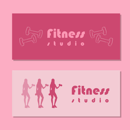 Fitness studio school flyer with silhouette of women in sportswear standing and doing a workout with dumbbells on pink background. Vector illustrationのイラスト素材