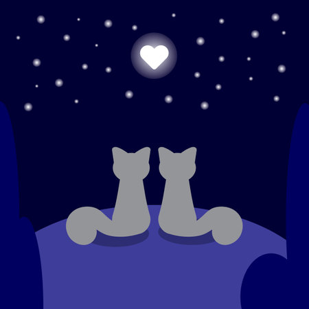 Two cats in love are sitting on a hill in the moonlight in the shape of a heart, vector illustration, romance under the moon and starsのイラスト素材