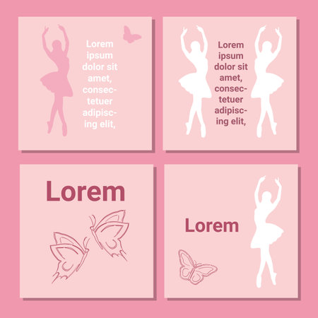 Set of theatre ticket design. Ballet flyer template. Ballerina silhouette in the tutu and pointe shoe with butterfly. Pink card design with copy space text. Vector illustrationのイラスト素材