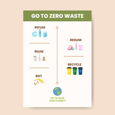 Zero waste infographic vector illustration. A working process model. Linear icons template. Environment care visualizationのイラスト素材
