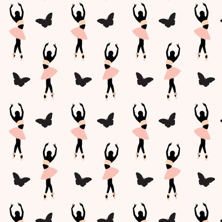 Seamless pattern of a faceless dancing ballerina silhouette with the butterfly on pink backgroundのイラスト素材