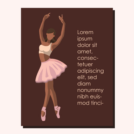 African American faceless ballet dancer in a pink tutu and pointe shoes dancing on a brown background with copy space, text Lorem Ipsum. Vector illustration in flat styleのイラスト素材