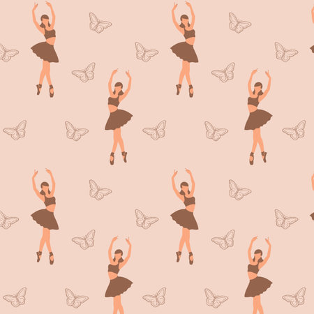 Seamless pattern of a faceless dancing ballerina silhouette with the butterfly on beige backgroundのイラスト素材