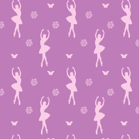 Seamless pattern of a faceless dancing ballerina silhouette with the butterfly on purple backgroundのイラスト素材