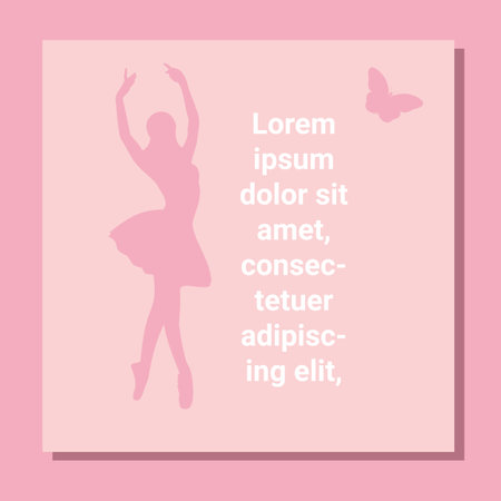 Theatre ticket design. Ballet flyer template. Ballerina silhouette in the tutu and pointe shoe with butterfly. Pink card design with copy space text. Vector illustrationのイラスト素材