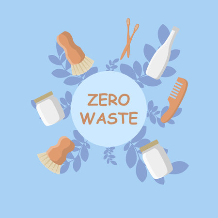 Zero waste infographic vector illustration. Environment care visualization with brush, jar, and bottleのイラスト素材