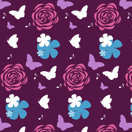 Seamless pattern of a purple and white butterfly with a blue and red flower on a purple background, graphic design print, vector illustrationのイラスト素材