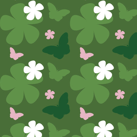Seamless pattern of a green butterfly with a white and pink flower on green grass background, graphic design print, vector illustrationのイラスト素材