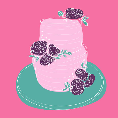 A two-tiered cake with intricately hand-painted doodle designs and topped with vibrant roses. The...
