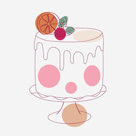 A hand-drawn illustration of a cake topped with a fresh red raspberry and lemon slice, showcasing...