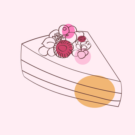 A piece of cake decorated with berries on top. The cake is hand-painted with intricate designs and...