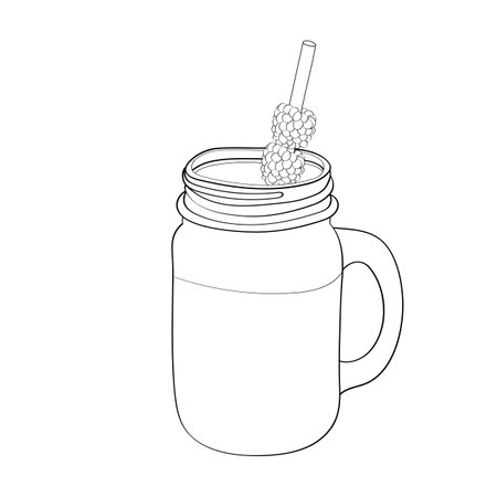 A mason jar, with a red and white striped straw, contains a single grape atop the lid. The simple yet colorful composition creates a playful and refreshing imageのイラスト素材