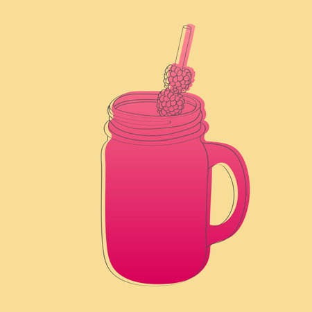 A mason jar sits on a surface, with a straw inserted and a single raspberry placed delicately on top. The bright red berry adds a pop of color to the sceneのイラスト素材