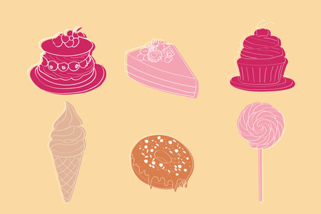 A variety of different types of desserts are arranged on a bright yellow background. The desserts include cakes, cupcakes, cookies, and pastriesのイラスト素材