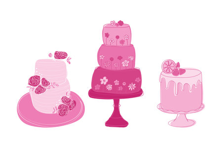 Three assorted cakes, each with a unique design and flavor. The cakes vary in size, shape, and toppings, showcasing a variety of dessert optionsのイラスト素材