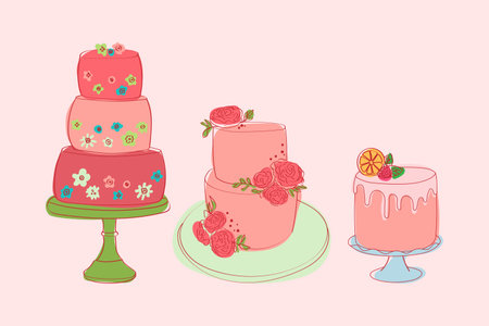 Three cakes of varying flavors and designs. Each cake is unique in appearance, showcasing a variety of colors, textures, and decorationsのイラスト素材