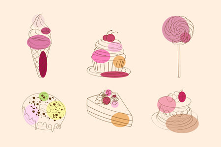 A variety of cakes and lollipops are arranged in a display, showcasing different flavors, colors, and designs. From classic vanilla cakes to chocolate lollipopsのイラスト素材