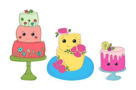 Three distinct emoticon cakes, each with unique decorations and presentations are neatly arrangedのイラスト素材
