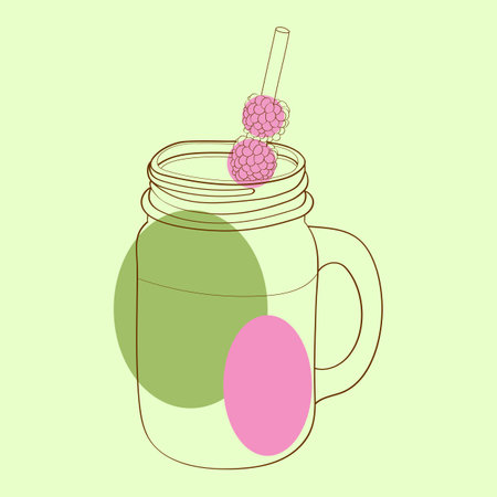 A mason jar stands upright with a raspberry placed on top of its lid. The ripe red fruit contrasts beautifully against the clear glass of the jarのイラスト素材