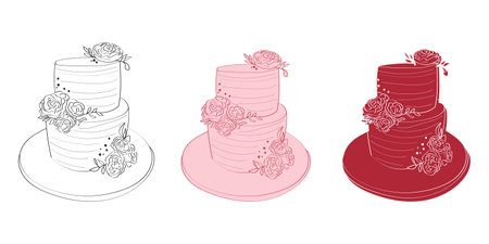 Three distinct wedding cakes of varied designs and flavors are displayed on a clean white background. Each cake has unique decorations and colors catering to different preferences and themesのイラスト素材